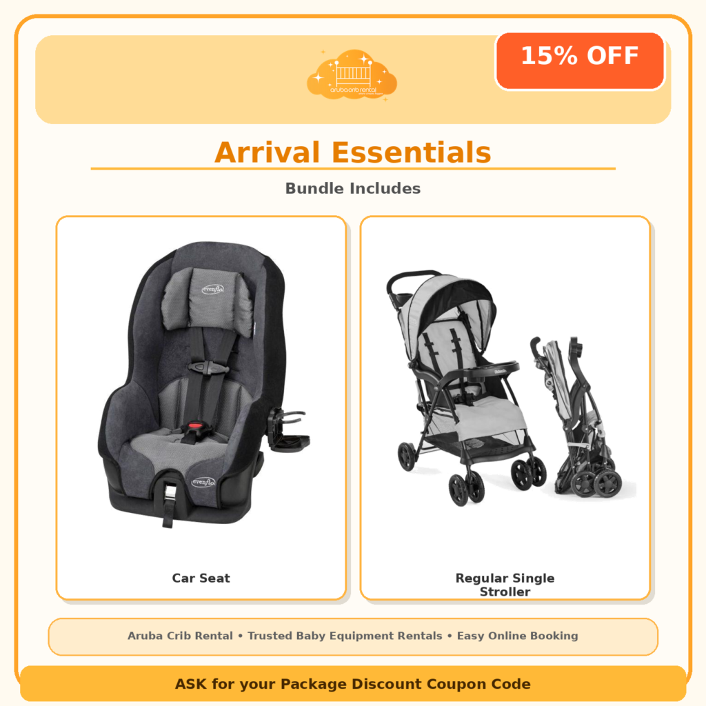 Arrival Essentials package: car seat and single stroller rental in Aruba