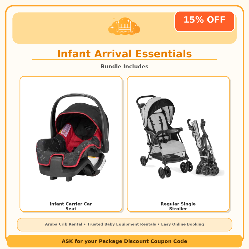 Infant Arrival Essentials package: infant car seat and mini crib rental in Aruba