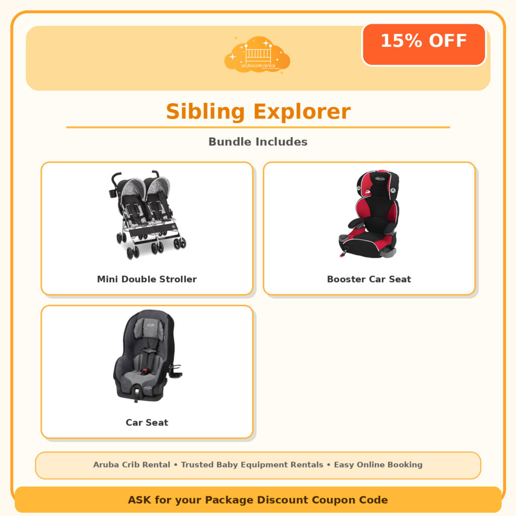 Sibling Explorer package: double stroller, booster seat and car seat rental in Aruba