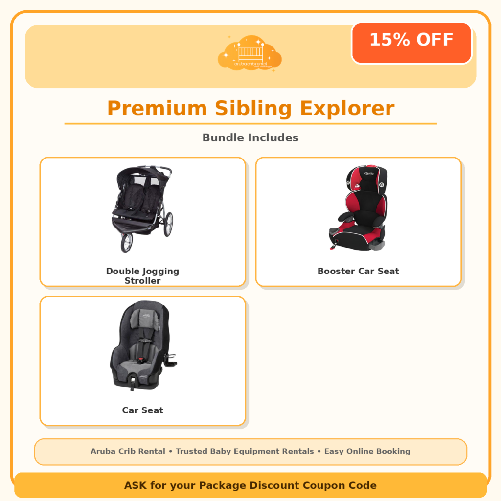Premium Sibling Explorer package: double jogging stroller, booster and car seat rental in Aruba
