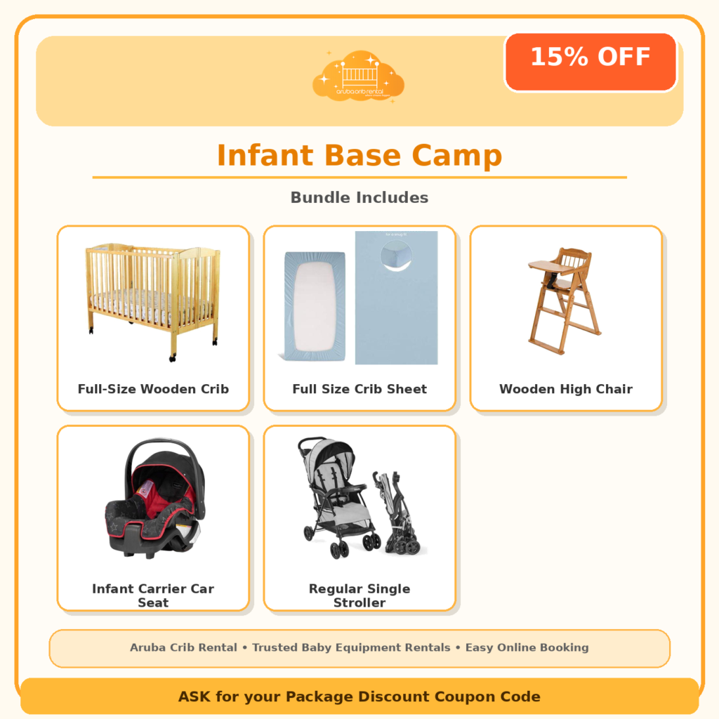 Infant Base Camp package: crib, high chair, infant car seat and stroller rental in Aruba