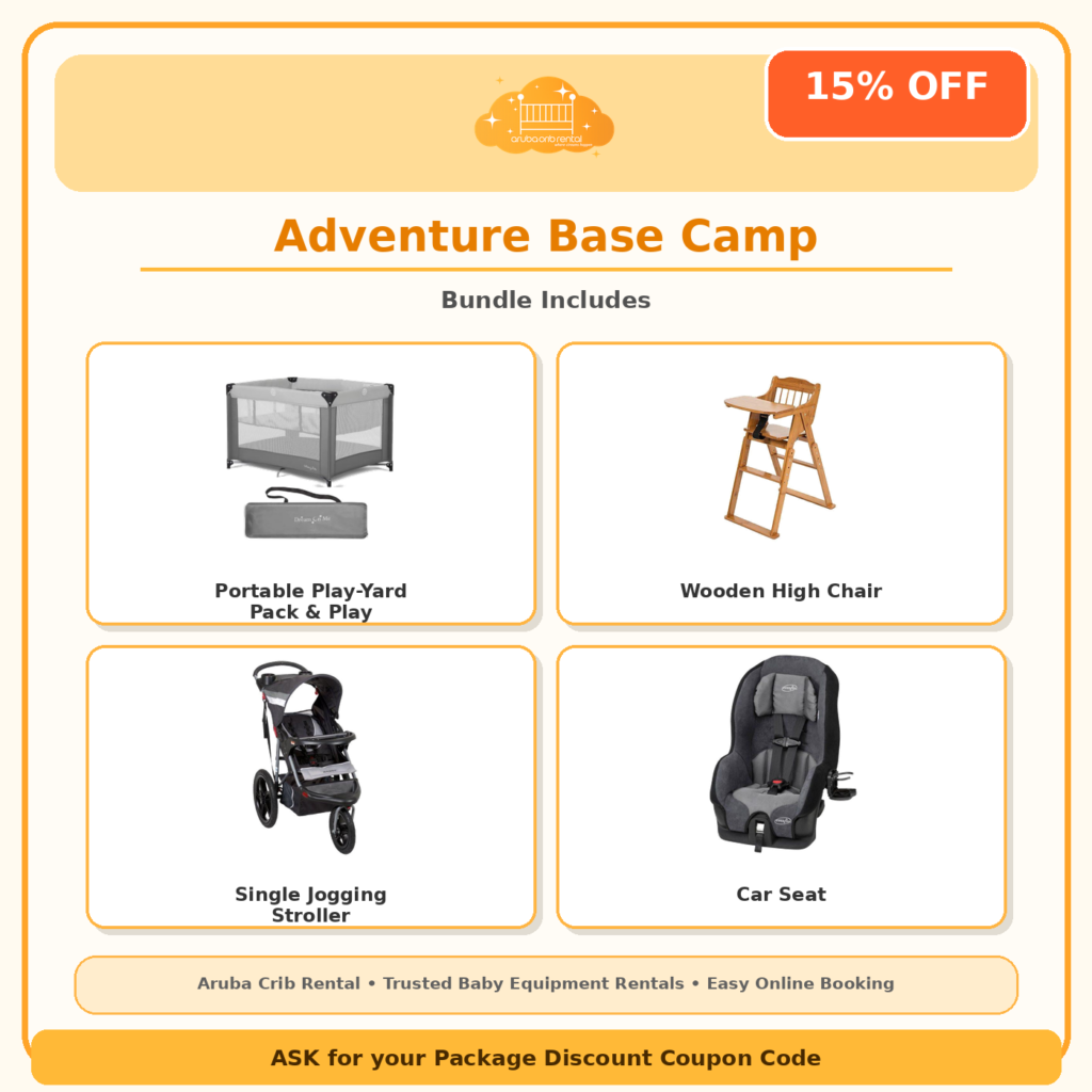 Adventure Base Camp package: pack and play, high chair, jogging stroller and car seat rental in Aruba