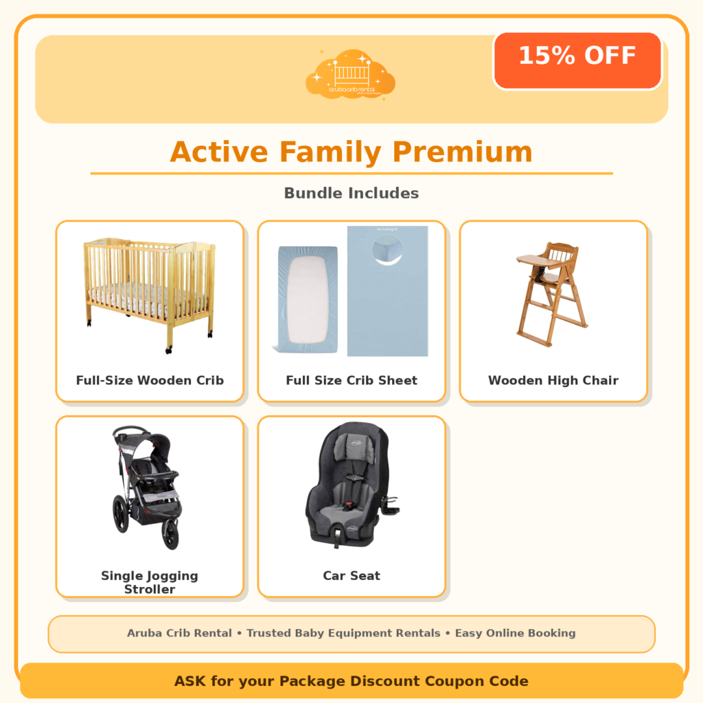 Active Family Premium package: crib, high chair, jogging stroller and car seat rental in Aruba
