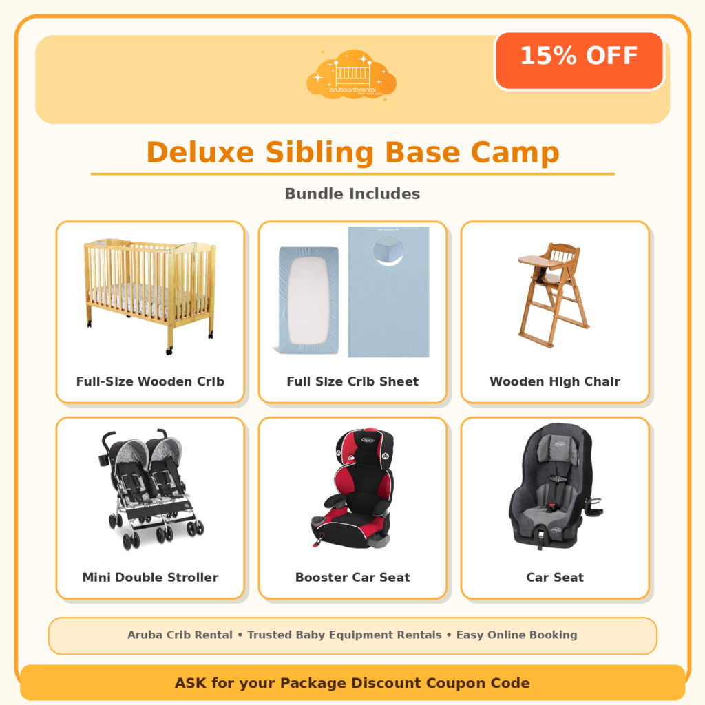 Deluxe Sibling Base Camp package: crib, high chair, double stroller and two car seats rental in Aruba