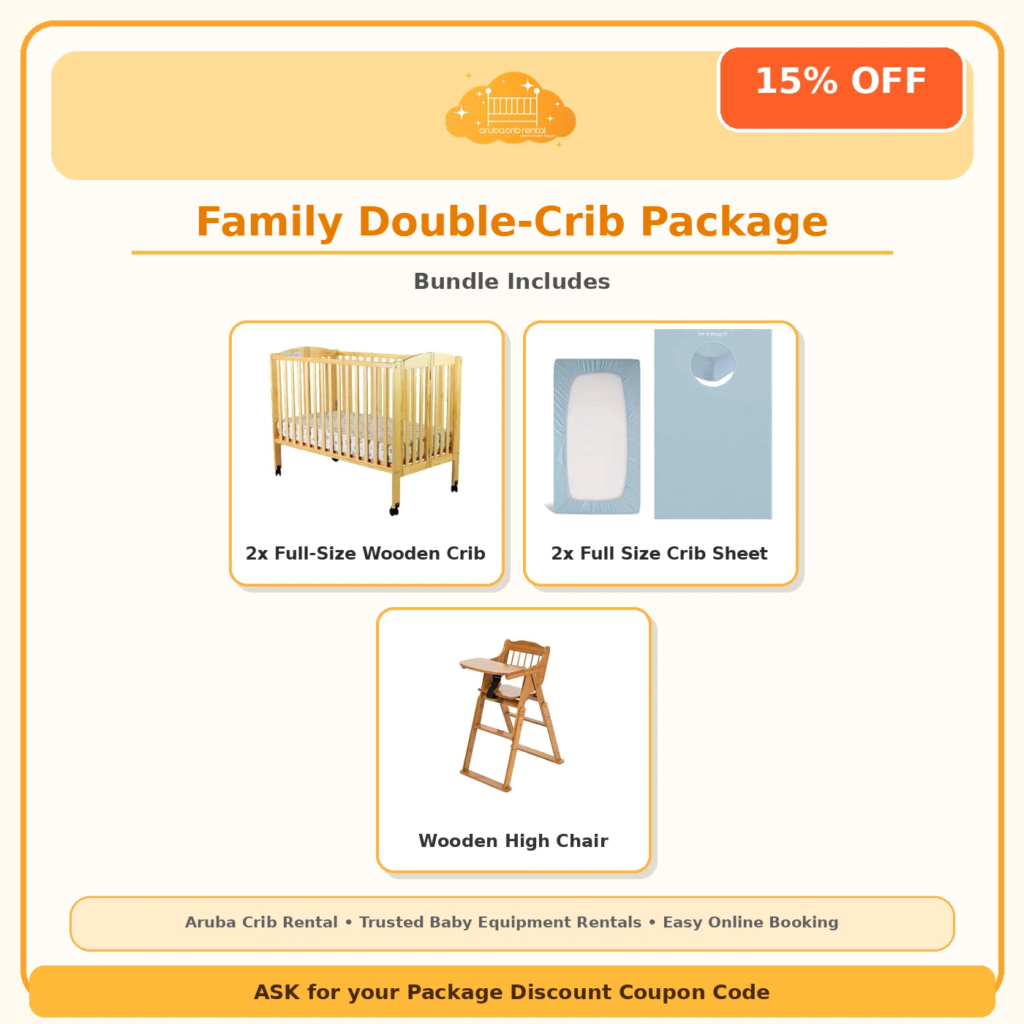 Family Double-Crib Package: 2 full-size wooden cribs, 2 crib sheets and a wooden high chair